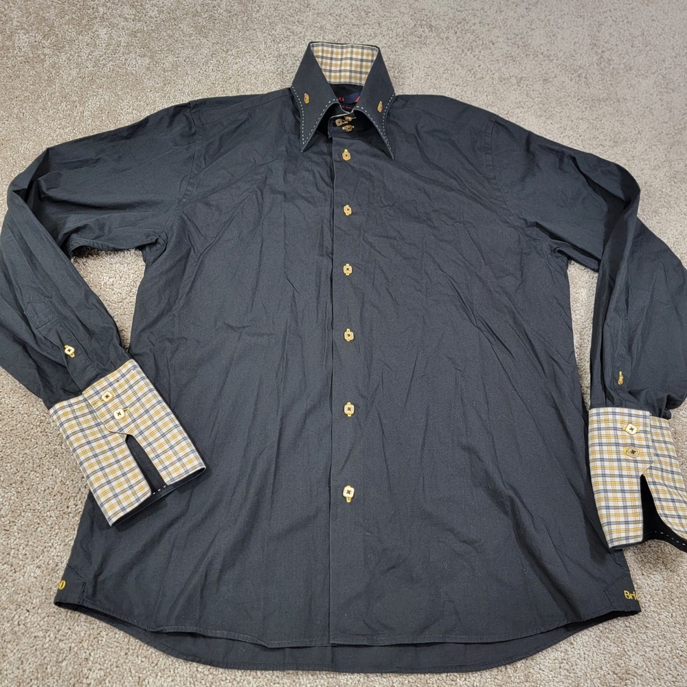 Brio Mens Black Long Sleeve Button Up Dress Shirt Plaid Collar Cuffs Size 16.5